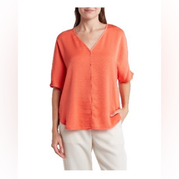 🔥DKNY🔥Persimmon V-Neck blouse, short sleeves, could be considered elbow length - Picture 1 of 12